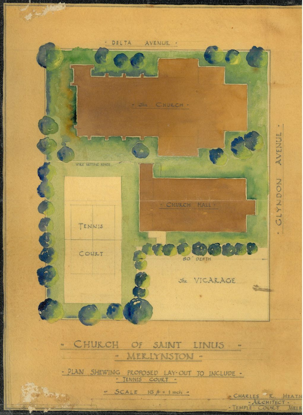 1932 Original St Linus Church Property Plan - architect Charles Heath
The architect Charles Heath, who designed the layout of the Fawkner Cemetery, had been chosen to design the St Linus church. His ambitious plan shows the full footprint of a large church, along with hall, vicarage and tennis court. Most of his plan was realised, but the church as envisaged was never fully completed.
