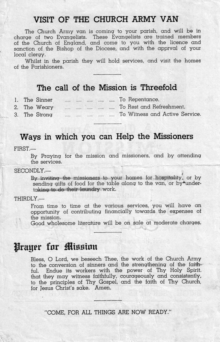 1940s - Army Mission visit to St Linus - back page of flyer
This leaflet advertises a Church Army Mission, to be based at St Linus' Church, from June 3rd to 13th, year unknown but almost certainly some time in the 1940s.

Between 1934 and 2010 over 230 men and women were trained and served as Church Army evangelists across Australia. Capt and Mrs Maxwell were amongst those trained missioners.

Sadly, although the Church Army continues to operate in other parts of the world, In 2024, the decision was made to formally wind up the Australian branch of the Church Army, after efforts to revitalise it failed.
