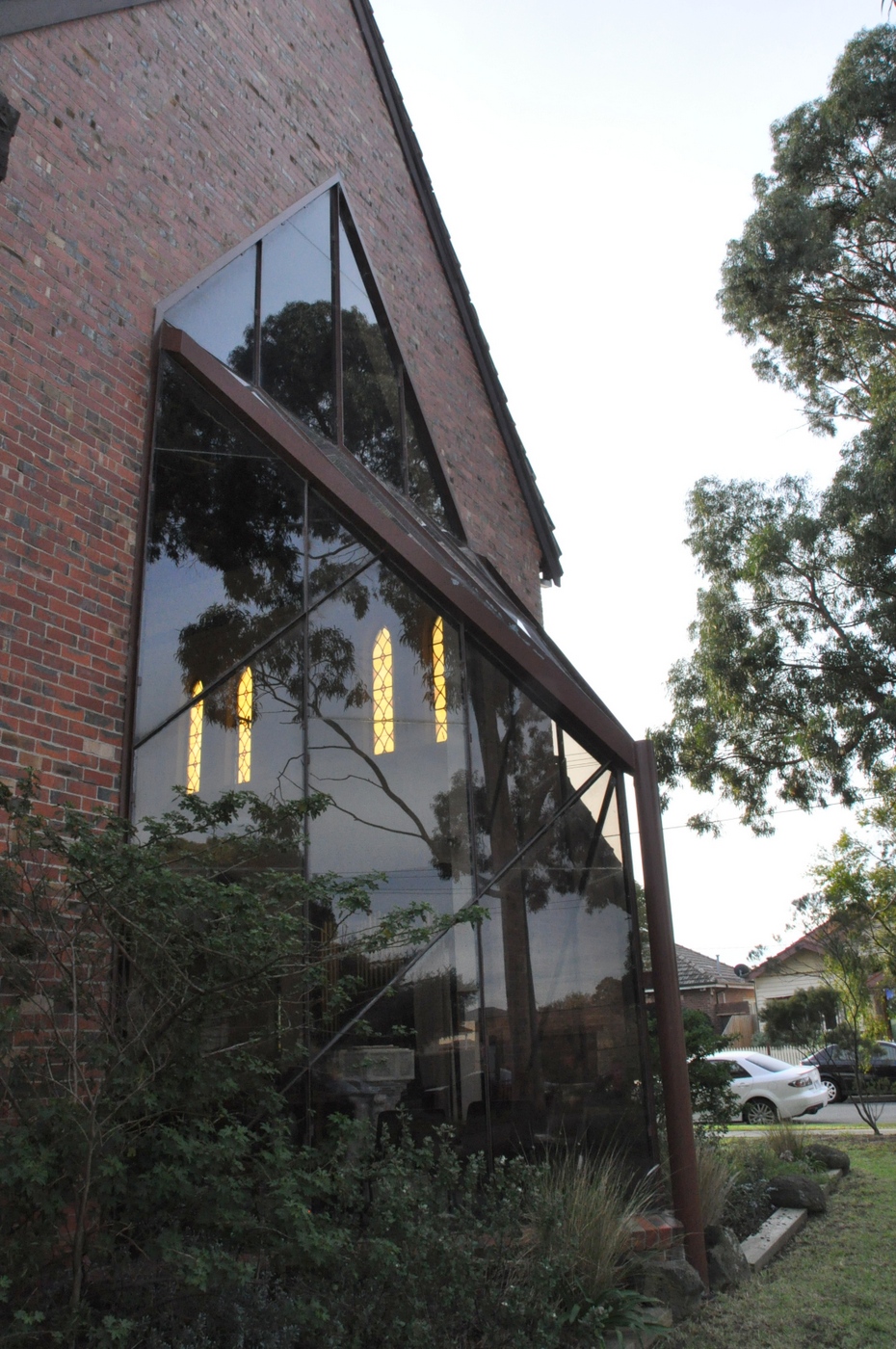 2016 Church Window
This 2016 photo shows the front window, in side profile. This window was erected as part of the 1978 refurbishment and replaced what was a temporary wooden wall, erected in 1932 when the church building had to be stopped as available funds were exhausted. It was a temporary wall that lasted 46 years!
